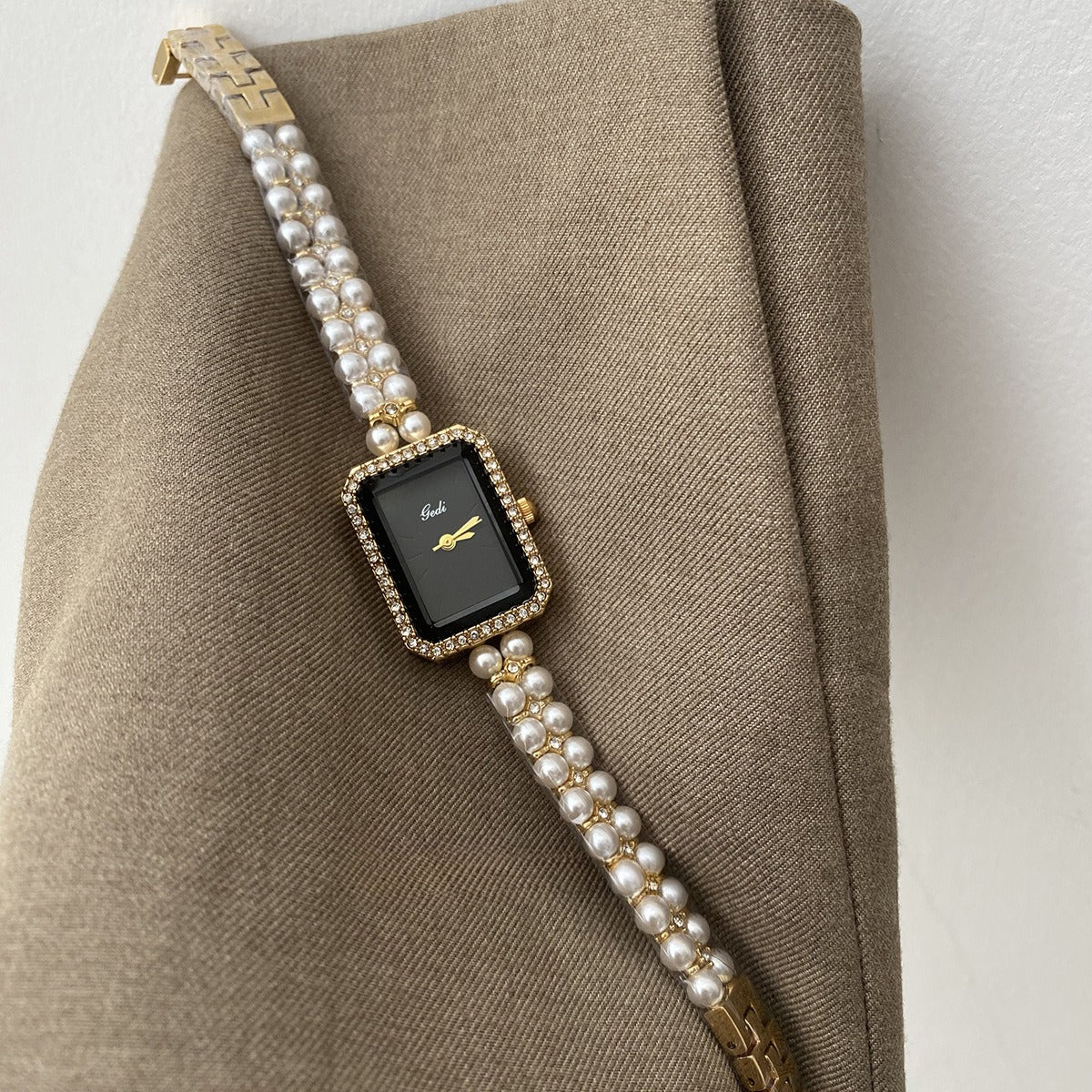 Silver Black Square Pearl Bracelet Diamond Fashion Quartz Watch