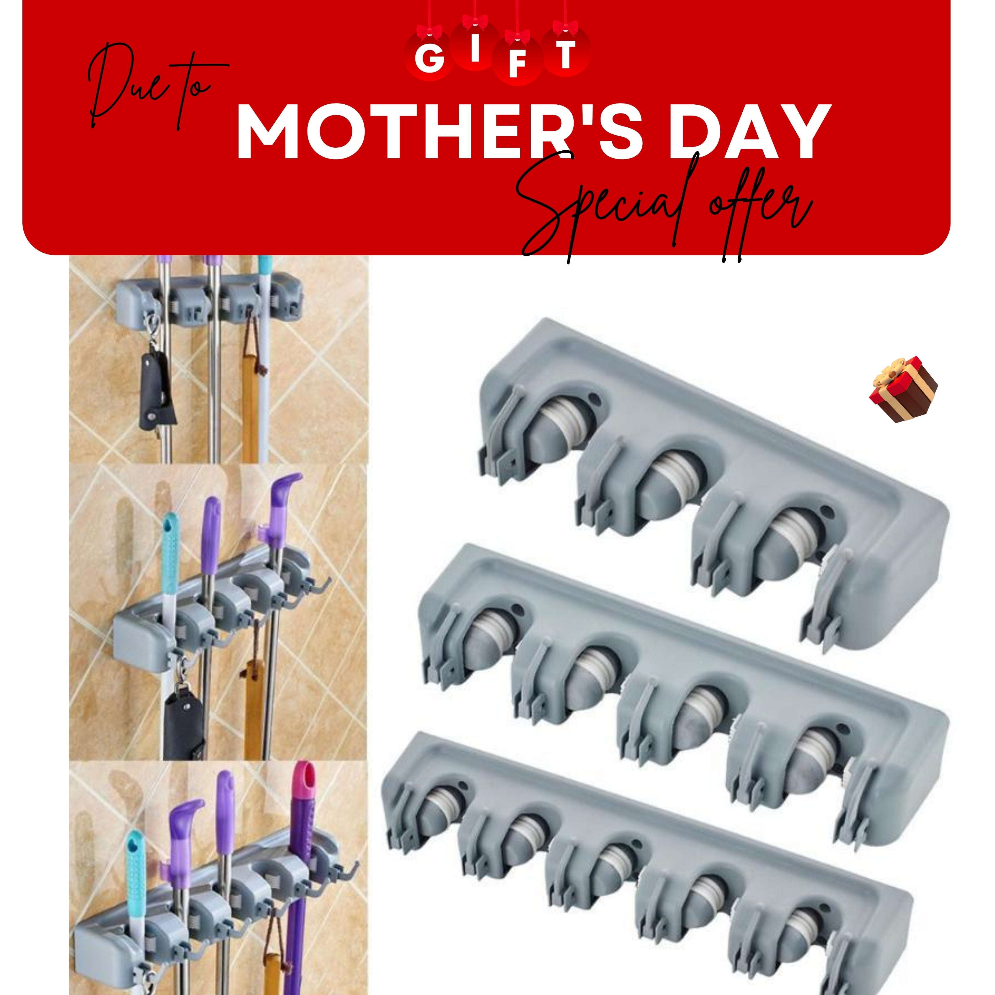 Heavy Duty  Wall Mounted  Broom & Mop Holder for  Garage, Kitchen & Utility Room Organization .