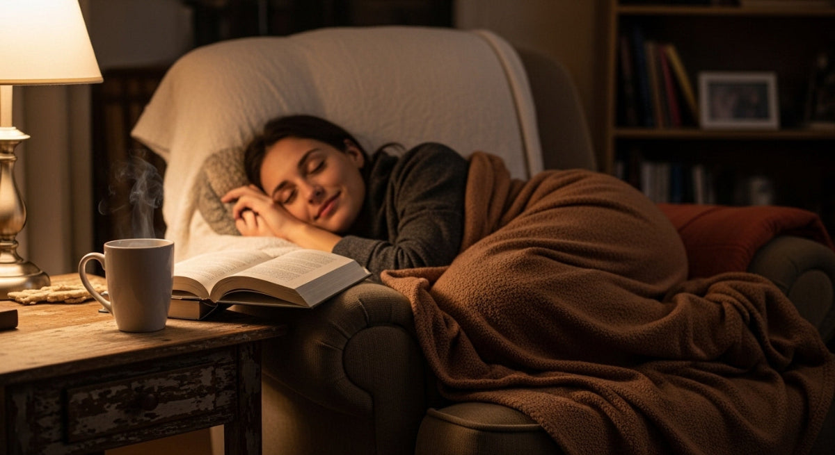Woman reading a book in a cozy chair with a blanket and mug nearby.