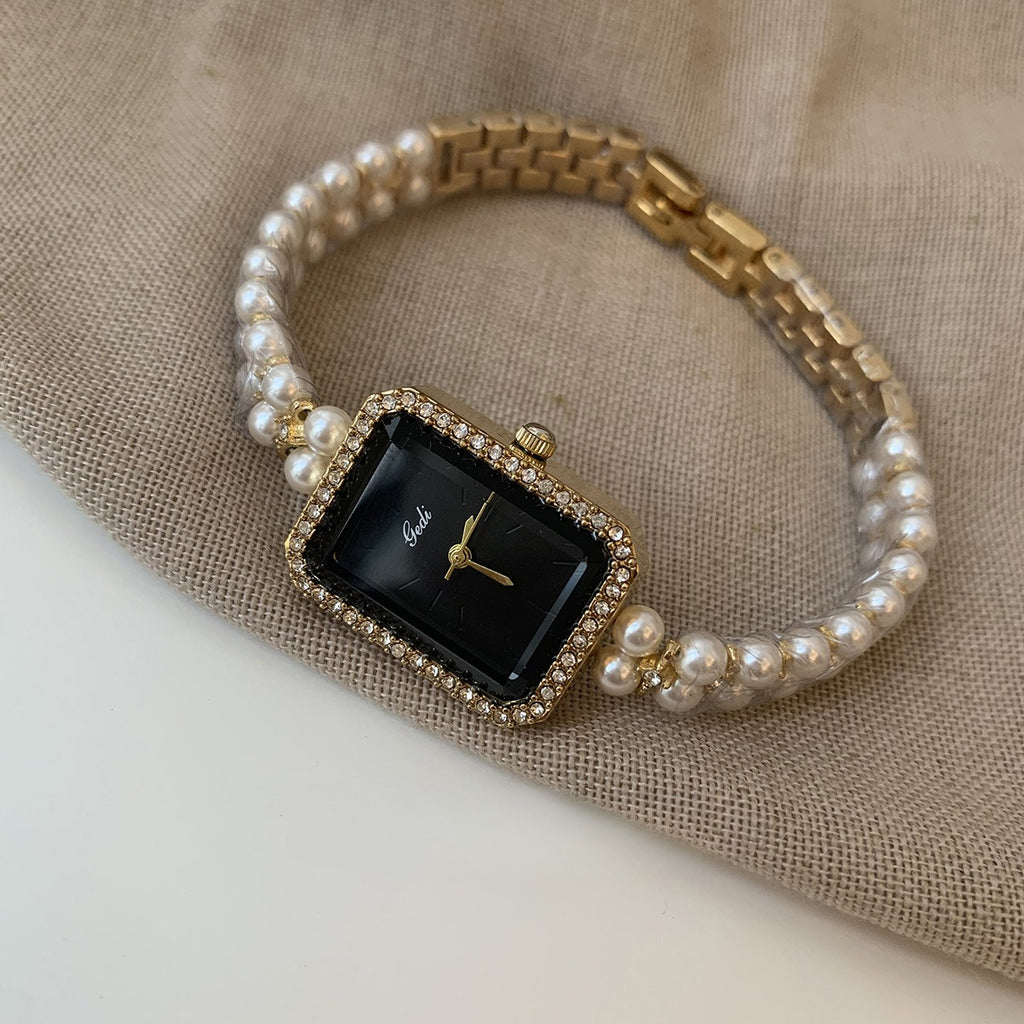 Silver Black Square Pearl Bracelet Diamond Fashion Quartz Watch
